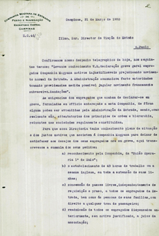 COMPANHIA MOGYANA DE ESTRADAS DE FERRO. Memorando da Diretoria de Viação ao Chefe da 1ª Secção. São Paulo, 31 mar. 1920. Acervo APESP. Fundo SETRANS [Fepasa]. C09439. P00119.