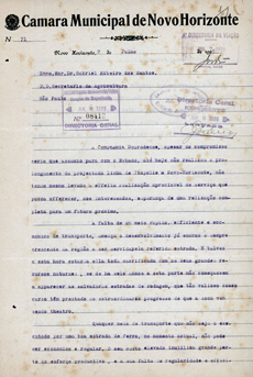 CÂMARA MUNICIPAL DE NOVO HORIZONTE (SP). Ofício ao Secretário da Agricultura.  Novo Horizonte, 2 jul. 1925. Acervo APESP. Fundo SETRANS [Fepasa]. C09443. P05007.